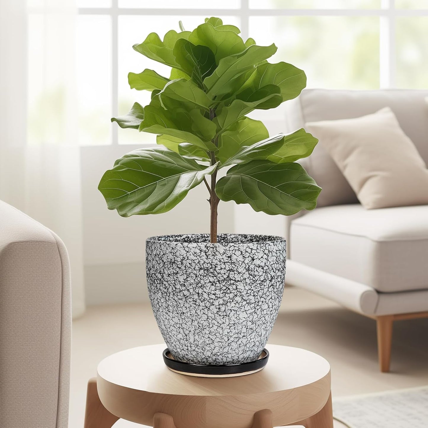 10 Inch Ceramic Planter Pot Round Plant Pot for Indoor Plants Outdoor Large Flower Pot with Drainage Hole and Saucer Blue