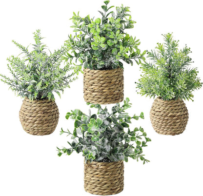 Small Fake Potted Plants: 9 Inches Artificial Plants with Seagrass Handwoven Planters, Indoor Farmhouse Spring Decorations, Eucalyptus Plant for Home Bathroom Office Shelf Tabletop Desk Room Decor