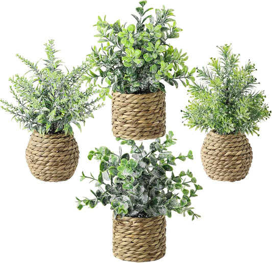 Small Fake Potted Plants: 9 Inches Artificial Plants with Seagrass Handwoven Planters, Indoor Farmhouse Spring Decorations, Eucalyptus Plant for Home Bathroom Office Shelf Tabletop Desk Room Decor