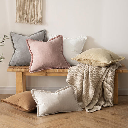 MIULEE Decorative Throw Pillow Covers Neutral Linen Fringe Throw Pillows Set of 2 Natural Beige Boho Farmhouse Cushion Covers with Tassels for Couch Sofa Bed Spring Home Decor 20x20 Inch