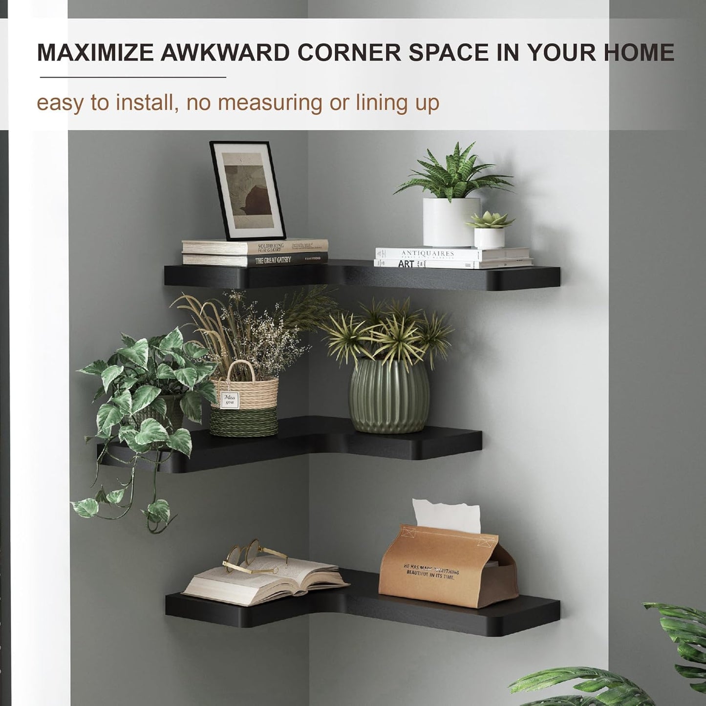 fuqing Floating Corner Shelves, Wall Shelf Set of 3, Shelves for Wall Storage, Solid Wood Shelves for Storage, Wall Mount Wooden Display Shelf for Bathroom Bedroom Kitchen Garage, Rustic Brown
