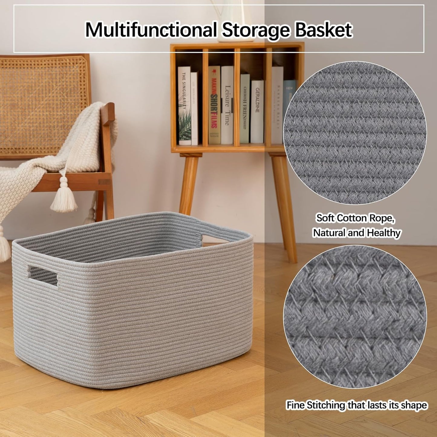 OIAHOMY 75L Large Woven Cotton Rope Storage Basket with Handle for Organizing Blanket and Toys for Living Room, Nursery, Brown Variegated 22”x17”x12”