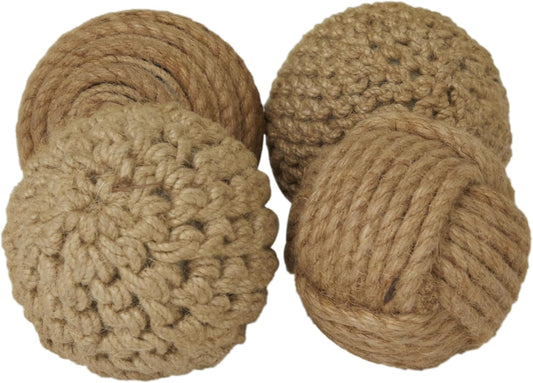 Deco 79 Jute Rope Handmade Decorative Ball Orbs & Vase Filler with Varying Designs, Set of 4 4"W, 4"H, Brown