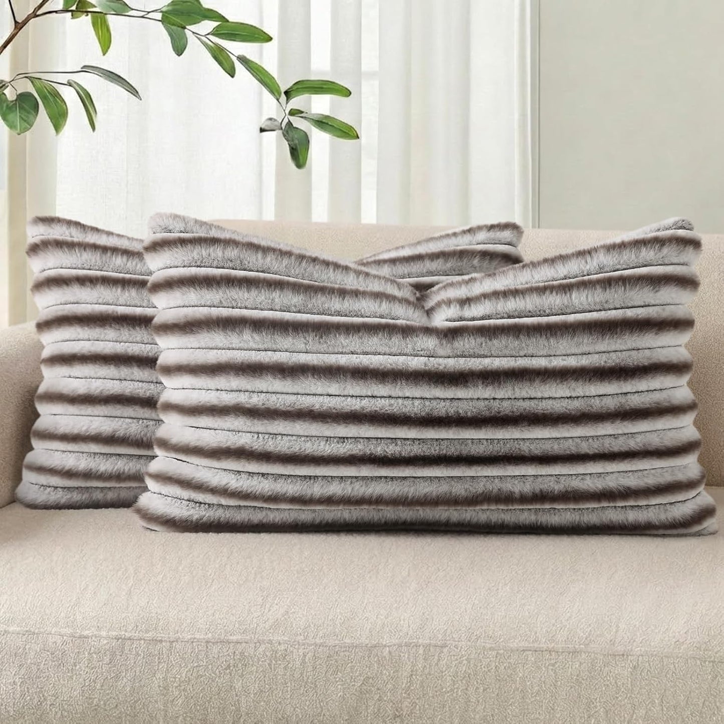 Pallene Faux Fur Plush Throw Pillow Covers 18x18 Set of 2, Luxury Soft Fluffy Striped Decorative Pillow Covers for Sofa, Couch, Living Room, Cream White