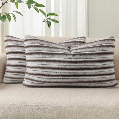 Pallene Faux Fur Plush Throw Pillow Covers 18x18 Set of 2, Luxury Soft Fluffy Striped Decorative Pillow Covers for Sofa, Couch, Living Room, Cream White