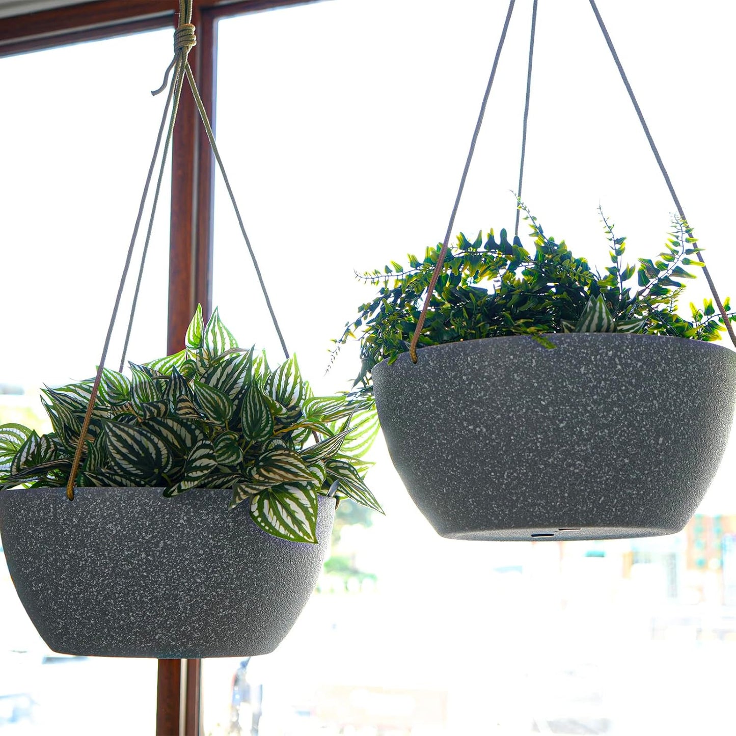 SwinDuck 13 Inch 2 Pack Large Hanging Planters for Indoor Outdoor Plants, Plastic Hanging Basket Pots for House Plants Flowers, White