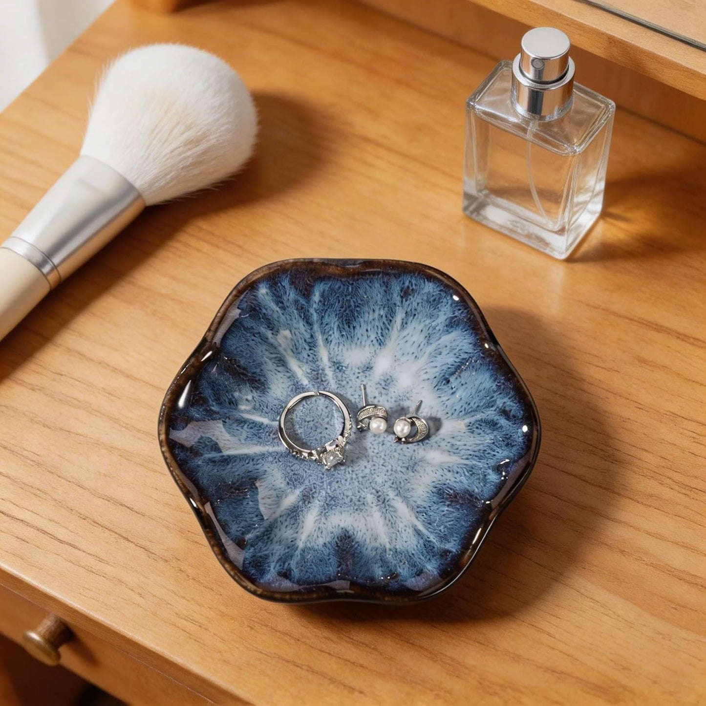 Pink Flower Ring Dish Holder,Jewelry Dish Tray,Small Trinket Tray,Jewelry Plate Bowl,Key Bowl,Decorative Plate,Mothers Day Birthday Gifts for Women Friends,Ceramic Kiln effect White