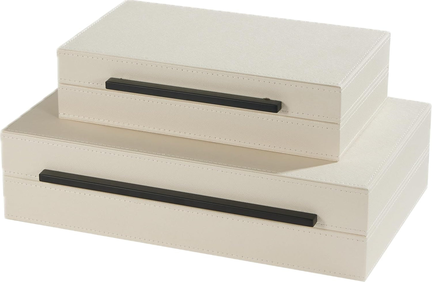 Sagala Set of 2 Ivory Shagreen Decorative Boxes With Brushed Gold Metal Handles, Faux Leather Jewelry Boxes Modern Storages Photo Memory Boxes Home Organizer Boxes (Ivory-Gold, 2pack)
