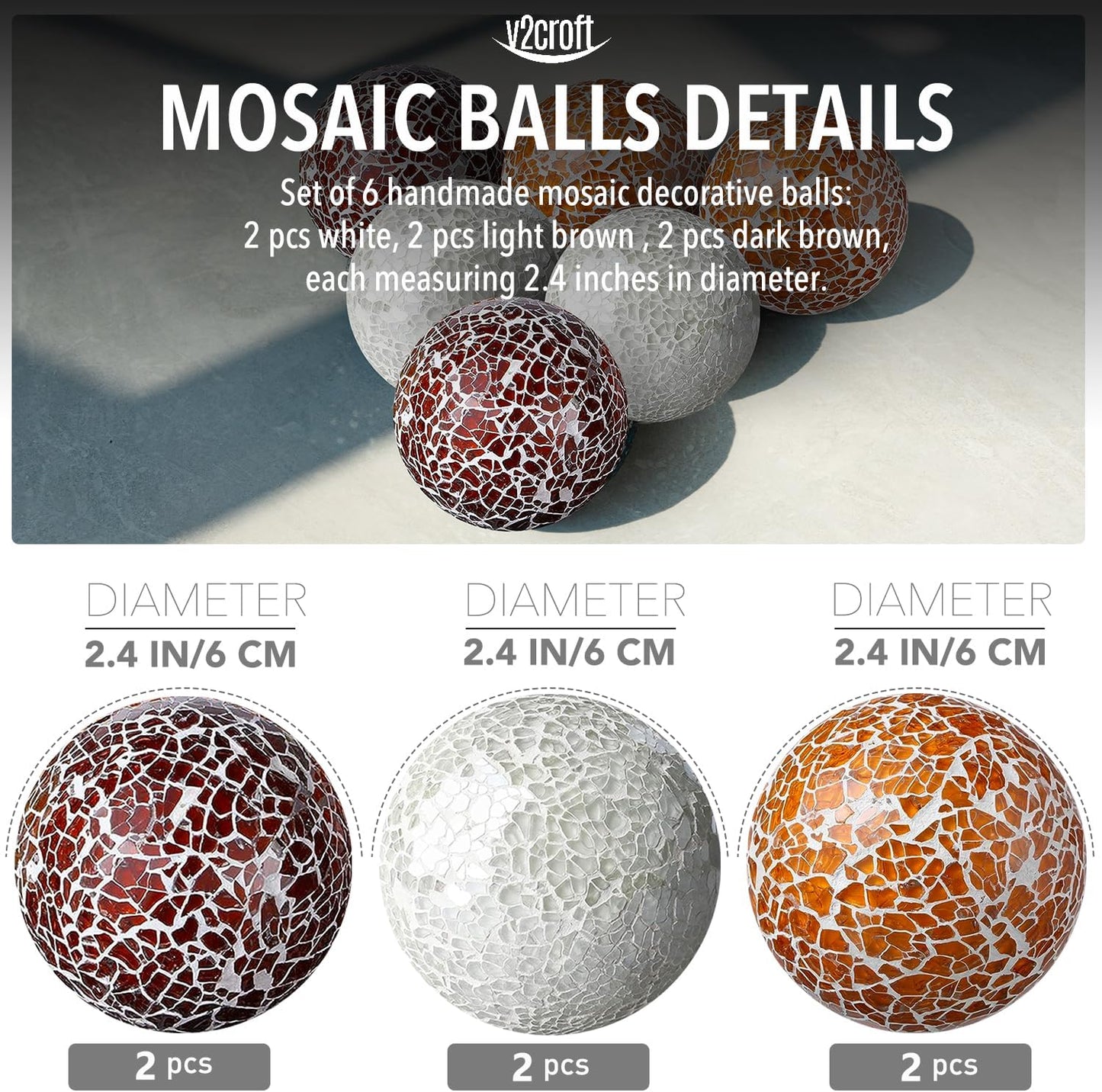 2.4 in Decorative Orbs Glass Balls Set of 6,Mosaic Sphere Globe for Whole Housewares,Wedding/Birthday,Bowls,Vases Dining Table Centerpieces (Gold)