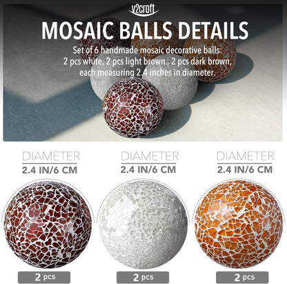 2.4 in Decorative Orbs Glass Balls Set of 6,Mosaic Sphere Globe for Whole Housewares,Wedding/Birthday,Bowls,Vases Dining Table Centerpieces (Gold)