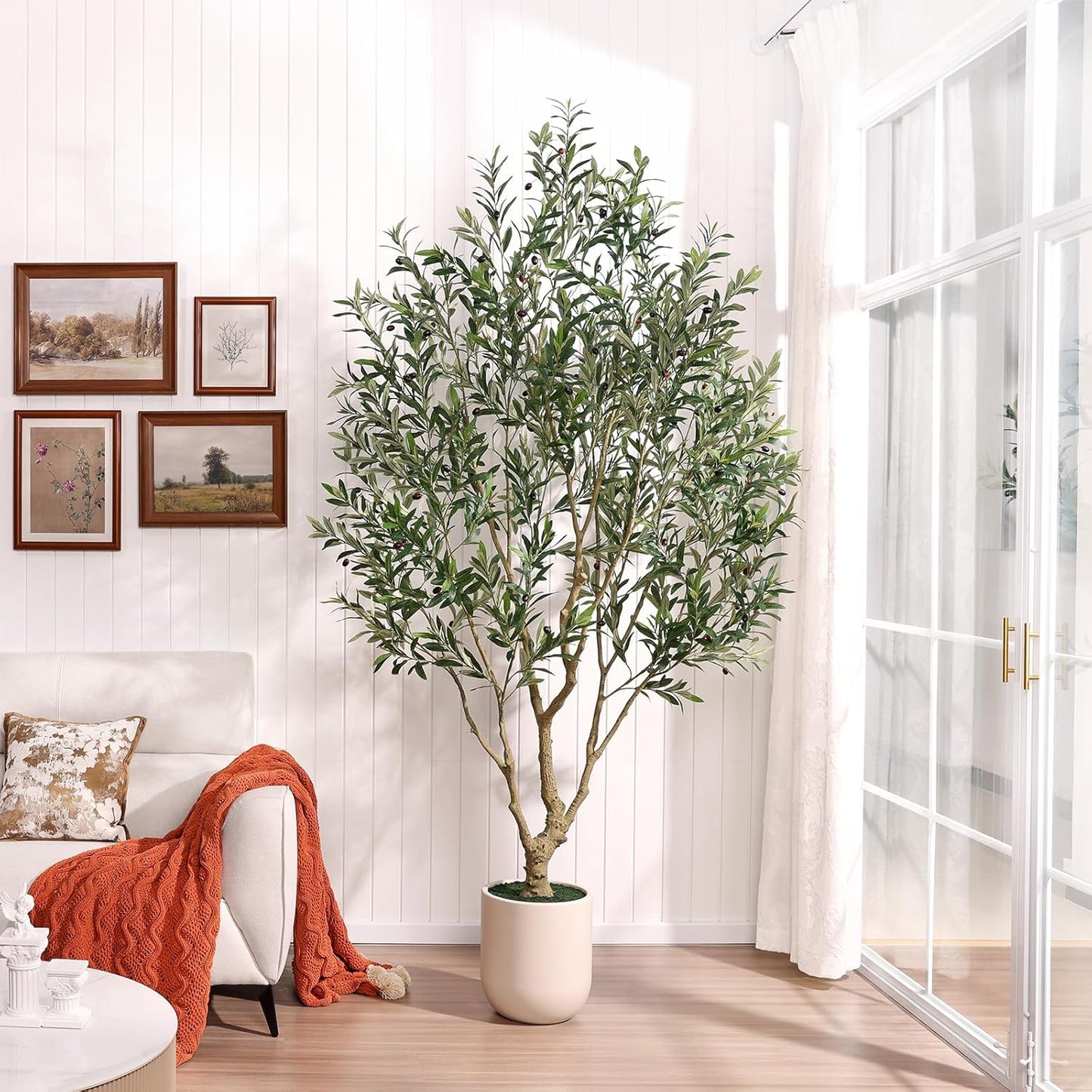 Verinatural Olive Tree Artificial Indoor, 8FT Tall Faux Olive Tree with 18in White Planter, Artificial Plants with Natural Wood Trunk and Lifelike Fruits for Home Office Decor,VN205