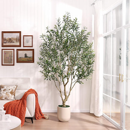 Verinatural Olive Tree Artificial Indoor, 8FT Tall Faux Olive Tree with 18in White Planter, Artificial Plants with Natural Wood Trunk and Lifelike Fruits for Home Office Decor,VN205