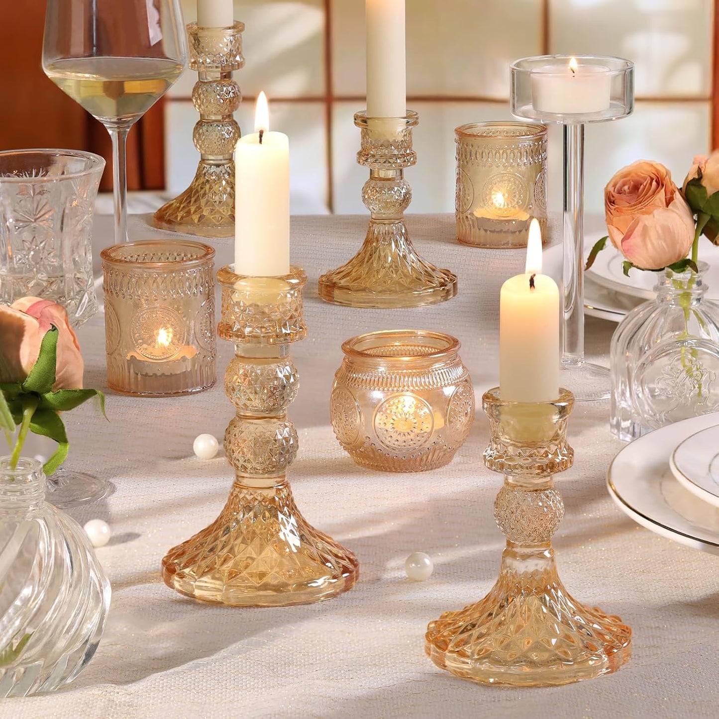 DARJEN 6Pcs Gold Candlestick Holders Set - 4" H & 5" H Striped Taper Candle Holders Bulk, Glass Candle Holders for Wedding, Festival, Party, Table Centerpiece, Gifts