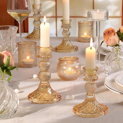 DARJEN 6Pcs Gold Candlestick Holders Set - 4" H & 5" H Striped Taper Candle Holders Bulk, Glass Candle Holders for Wedding, Festival, Party, Table Centerpiece, Gifts