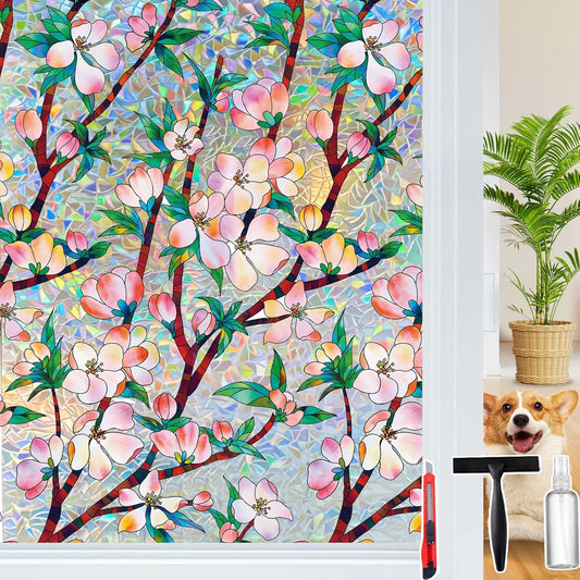 Dwersty Rainbow Window Privacy Film with Cutting Reference Line, 3D Decals Stained Glass Clings, Static Cling Sticker, Suncatcher Windows Cover Tint for Home, 17.5 Inch x 78.74 Inch