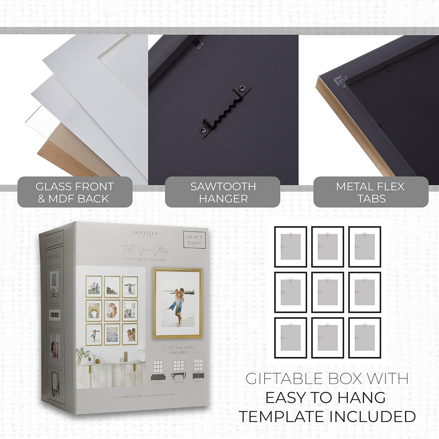 Sheffield Home 9 Piece Gallery Wall Frame Set, 11x14 in. matted to 8x10 in. (Matte Black)