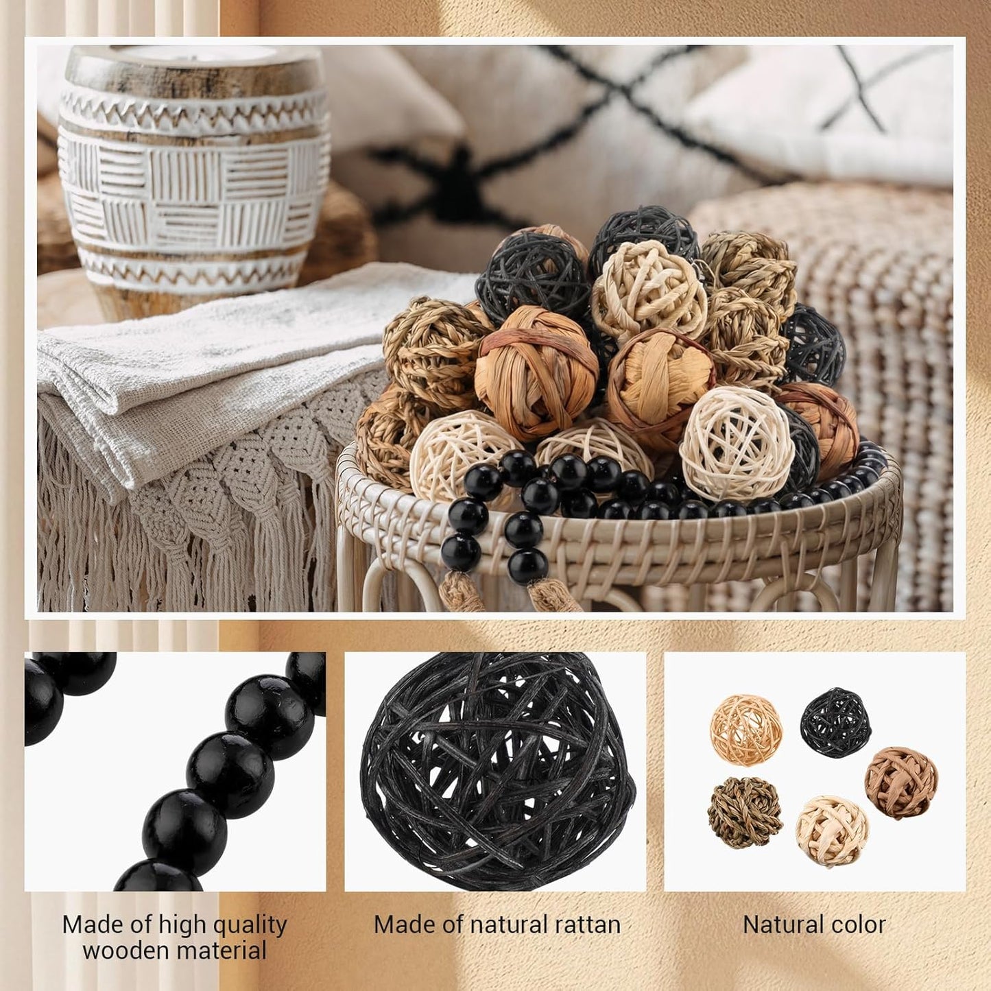 Halloscume 31 Pcs Wicker Rattan Decorative Balls with 30.3 Inch Wood Bead Garland Centerpiece Bowls Orbs Vase Fillers Wall Hanging Decor for Summer Home Farmhouse Wedding Party(Black)
