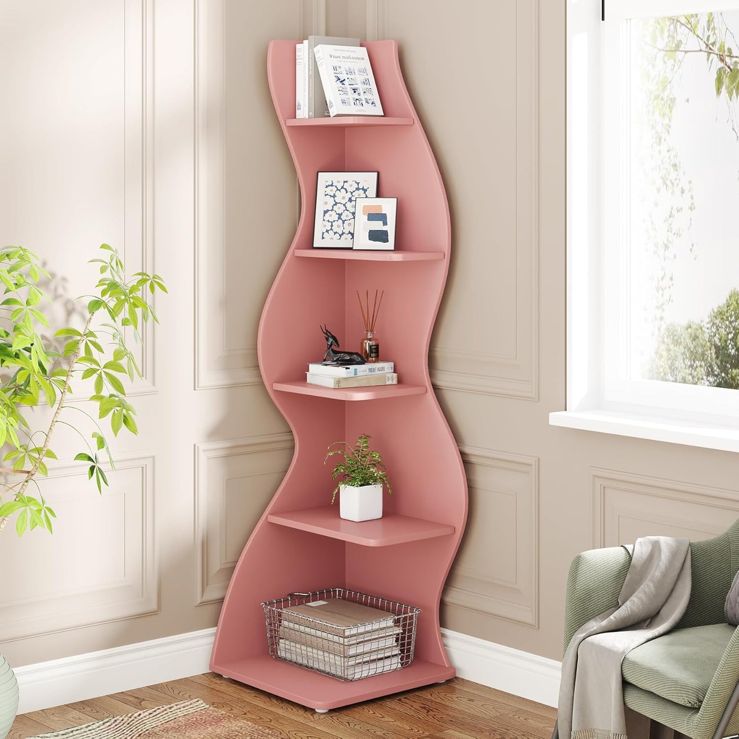 Tribesigns Corner Shelf, Modern 5-Tier Wall Corner Bookshelf, Stylish Corner Small Bookcase Storage Rack Plant Stand with Unique Shape for Living Room, Home Office (White, 1PC)
