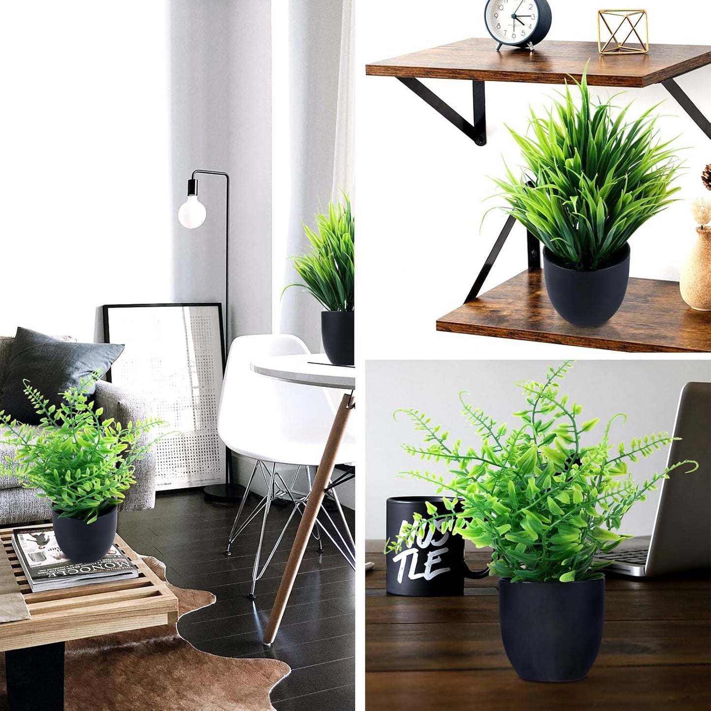 GREENTIME 4 Pack Fake Plants in Black Pot Mini Artificial Eucalyptus Potted Plant Small Faux Grass Greenery Potted for Indoor Home Office Farmhouse Bathroom Table Decoration