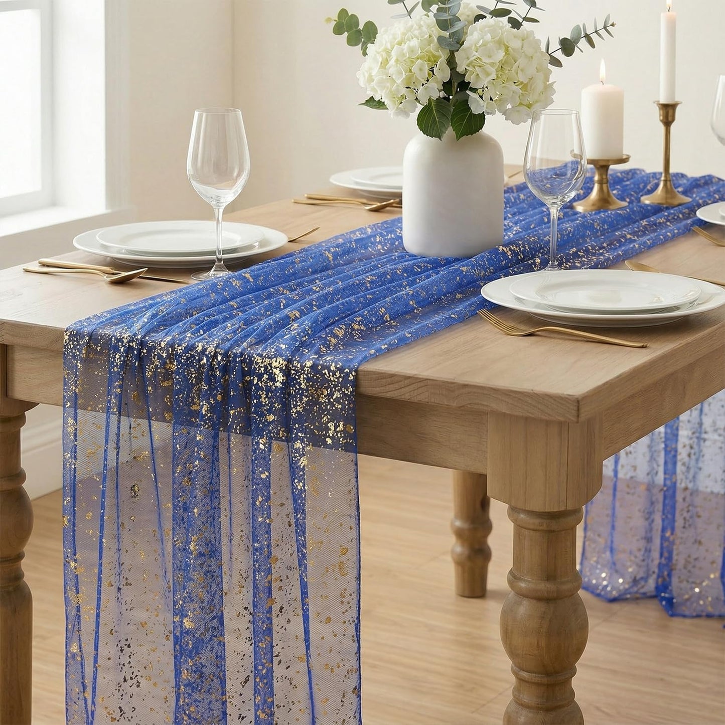 Artoid Mode Beige Gold Gauze Table Runner 120 Inch 10FT, Glitter Metallic Foil Sheer Dining Wedding Anniversary Holiday Birthday Table Decor for Home Party