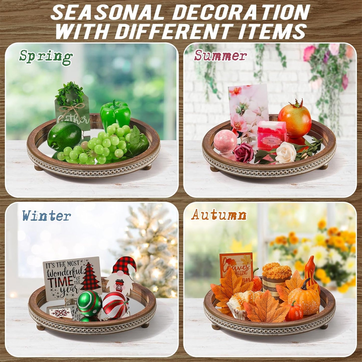 KULEDM Handmade Wooden Decorative Tray, Small Beaded Coffee Table Tray Decor, Sage Round Serving Tray for Coffee Table, Dining Room Table Entryway and Living Room Table