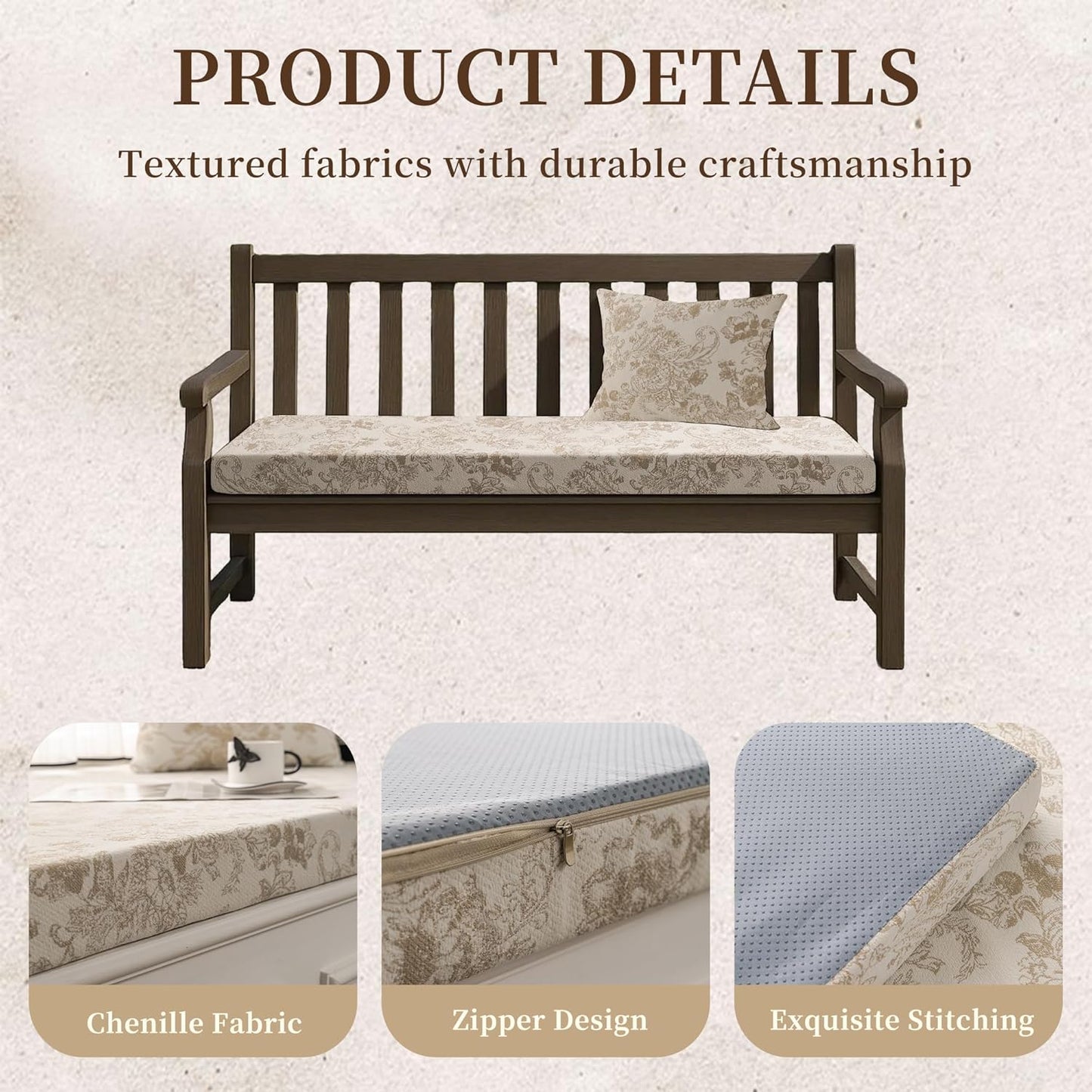 Custom Size Bench Cushion, Custom Bench Cushions for Indoor Furniture, 75D Foam Furniture Window Seat Cushion, Breakfast Nook, Mudroom, Banquette Bench Cushion, Non-Slip Bottom, Pipe Design
