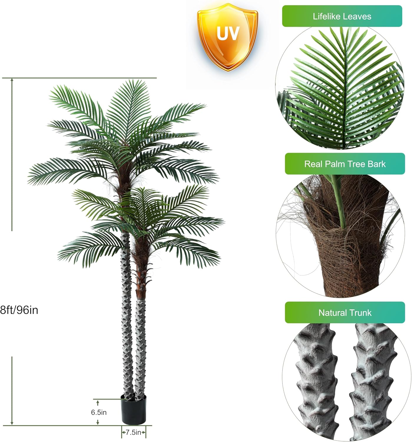 Nafresh 8ft Tall UV Resistant Faux Palm Tree, 96in Artificial Palm Tree Indoor Outdoor, Fake Tree with Real Bark and Realistic Leaves and for Home House Office Living Room Yard Patio.