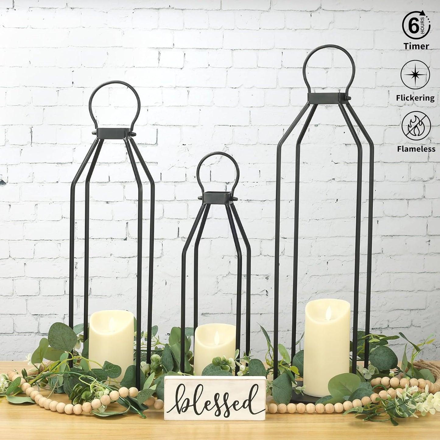 Perfnique Modern Farmhouse Lantern Decor, 15'' 13'' Set of 2 Black Metal Lantern, 2 LED 6hr Timer Flameless Candles ＆ Remote Timer, Lanterns Decorative for Outdoor, Home, Indoor, Patio, Christmas