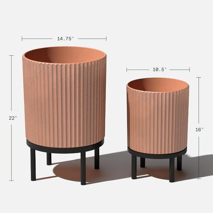 Veradek Demi Series Round Planter w/ Stand for Porch/Patio | Durable Plastic-Concrete & Wooden Stand | Modern Décor for Tall Plants, Flowers