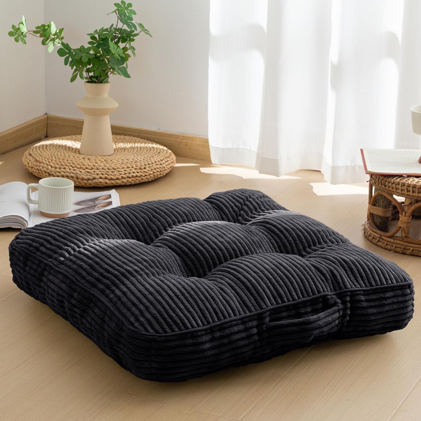 HIGOGOGO 6" Extra Thick Floor Pillow Cushion for Adults, Meditation Cushion Pillow, Large Square Floor Sitting, Tufted Corduroy Cover, for Tatami Living Room or Yoga, 22x22 Inch, 2Pack, Dark Grey
