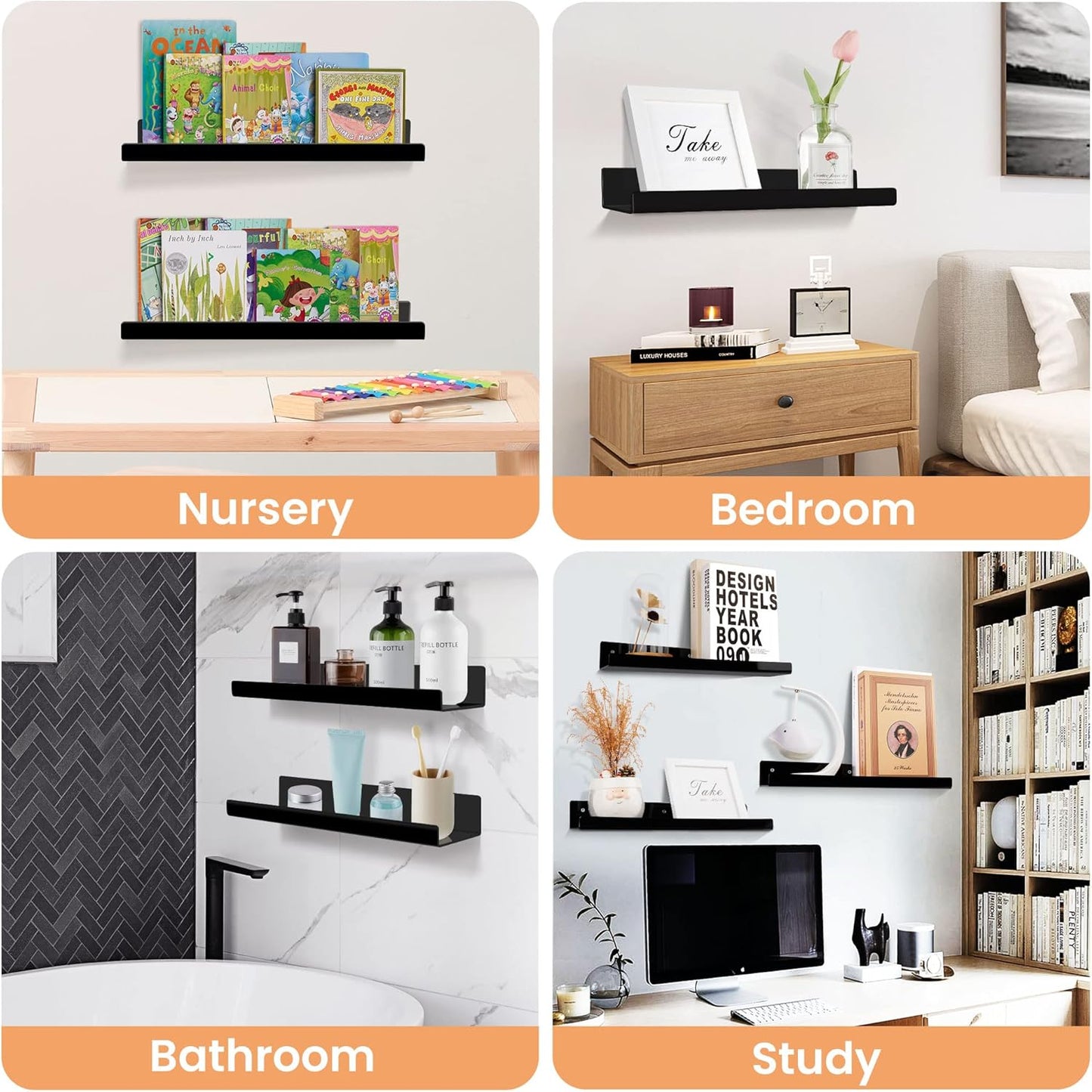 upsimples Acrylic Shelves for Bathroom Storage, 15" Floating Shelves Wall Organizer for Perfume, Make up, Skincare, Kids Bookshelf for Bedroom, Nursery, Living Room Decor, Clear, 4 Pack