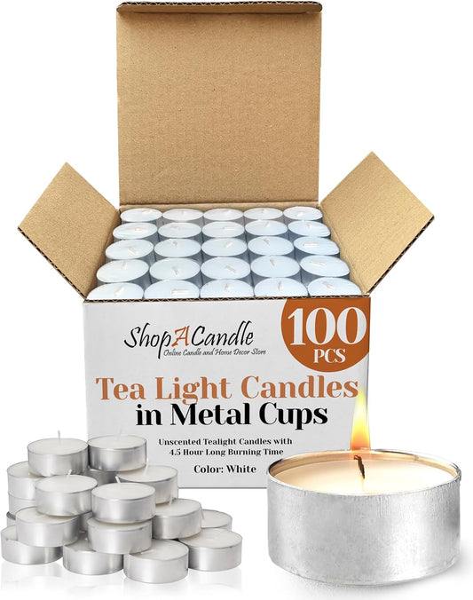 100 Pack Tealight Candles in Metal Cups - Clean, White Unscented with 4.5 Hour Long Burning Time - Votive Candles Bulk for Romantic Dinner, Weddings, Spa & Hotels by PARNOO