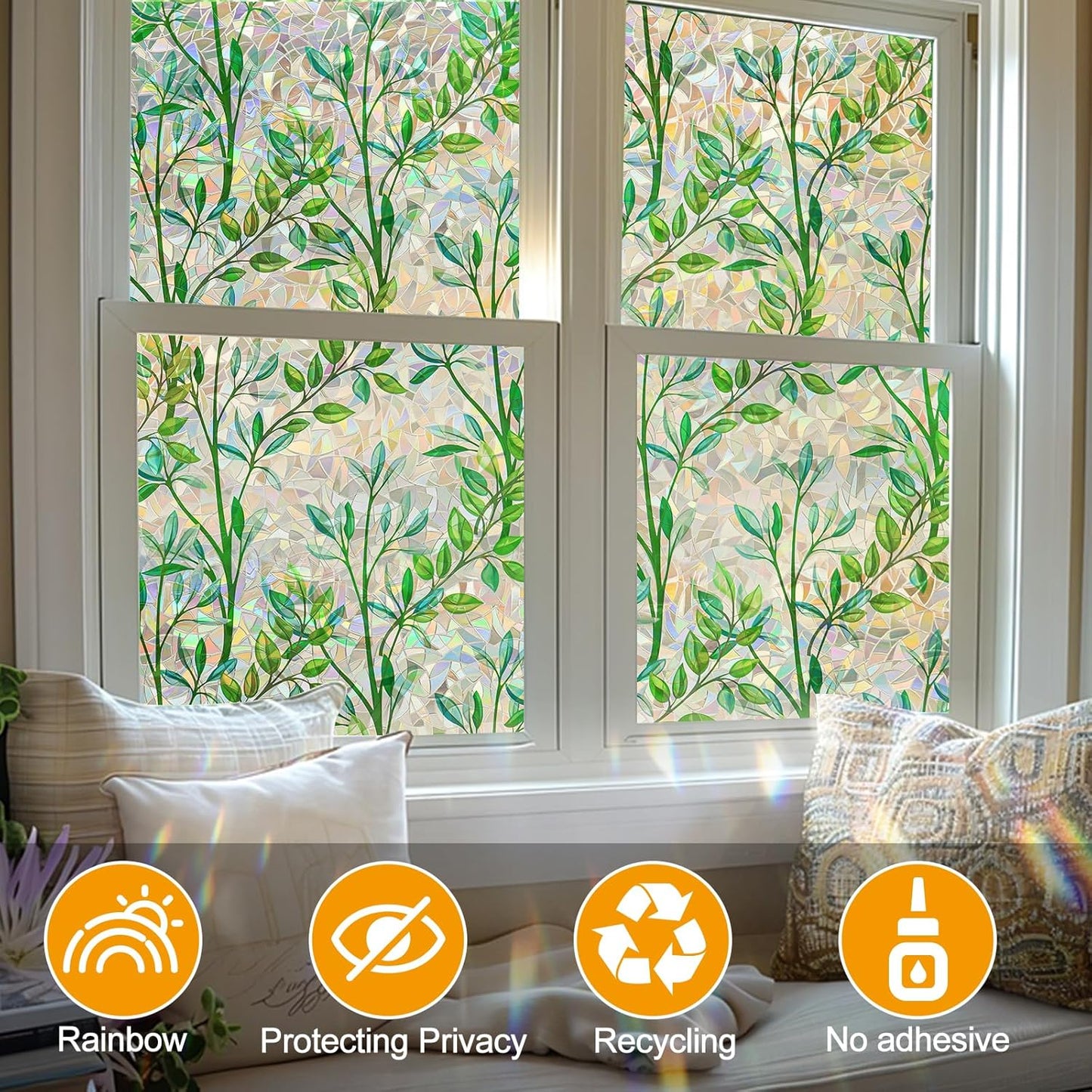 Countewol Window Privacy Film Stain Glass Window Film Rainbow Window Film Window clings Non-Adhesive Reusable Decorative for Room (Leaf Rainbow, 17.5 x 78.7 in)