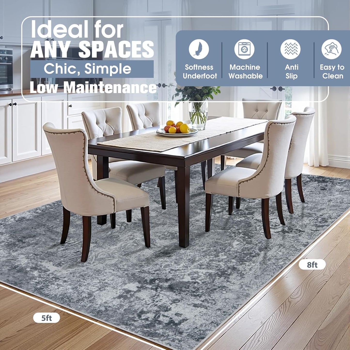 8x10 Area Rugs for Living Room Rug Washable: Abstract Large Rug for Dining Room Bedroom Carpet Non Slip 8 by 10 Indoor Modern Nursery Home Office Blue Grey