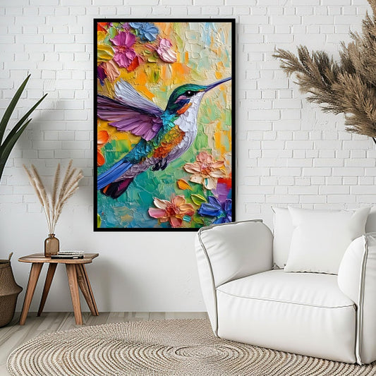 2D No Texture Colorful Painting Hummingbird Canvas Wall Art, Spring Flower Wall Decor, Cute Hummingbird Poster Picture for Wall Living Room Bathroom Bedroom Home Decoration 12*18 in (Poster No Frame)