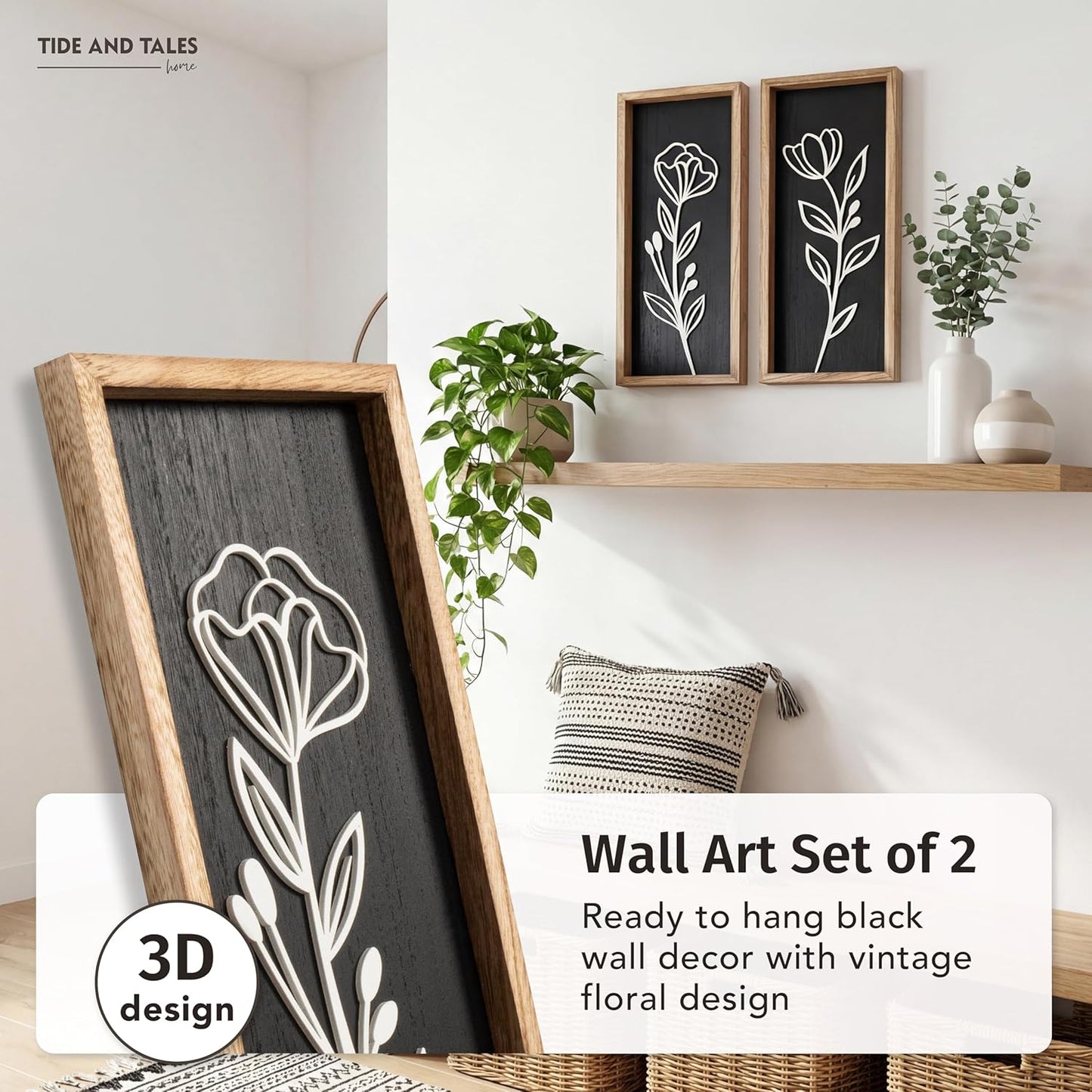 3D Floral Green Wall Art (Set of 2) Lightweight, Wooden Ready-to-Hang Boho Framed Wall Art for Bathroom, Bedroom, Living Room or Office – Premium Sage Green Farmhouse Decor – Gift-Boxed
