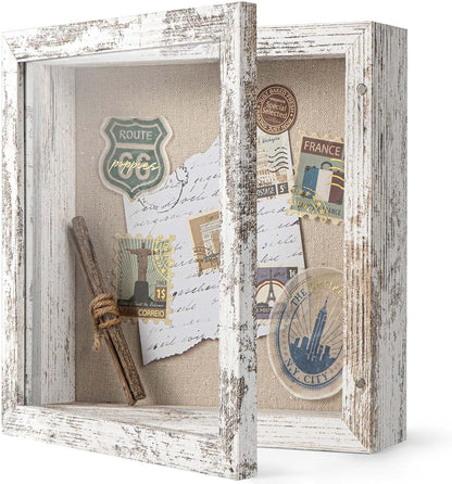 Califortree 8x10 Shadow Box Frame with Linen Back - Sturdy Rustic Memory Display Case of Flower, Pictures, Medals and More, White