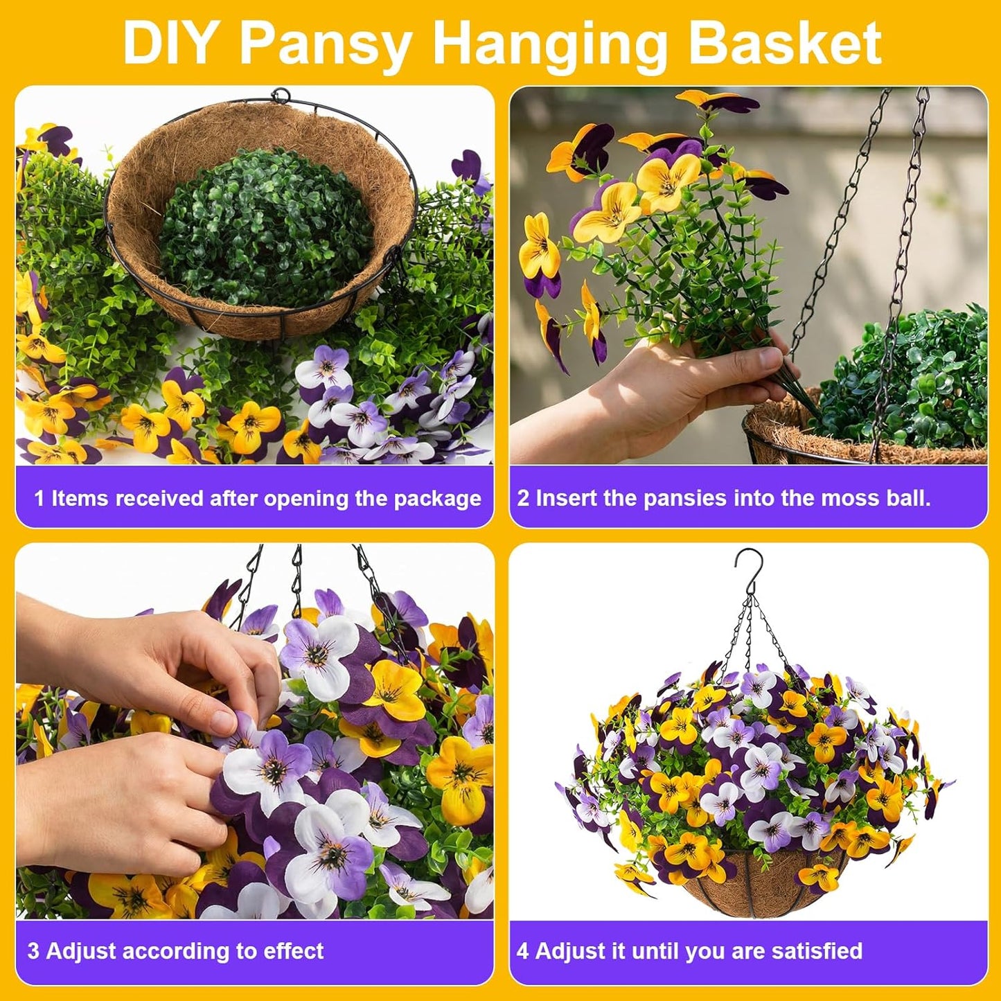 2 Set Artificial Outdoor Pansy Flowers with Hanging Baskets, 2 Hanging Baskets with 24 Pcs Silk Flowers for Spring Easter Decorations Porch Patio Home Decor (2, Purple, Yellow, White, Light Purple)