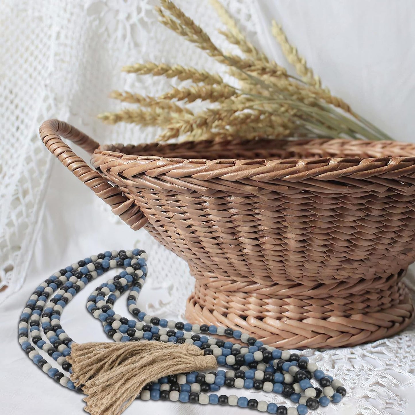 CVHOMEDECO. 16 Feet Wood Beads Garland with Tassels Farmhouse Rustic Wooden Decorative Bead String Wall Hanging Accent for Home Festival Decor. Orange
