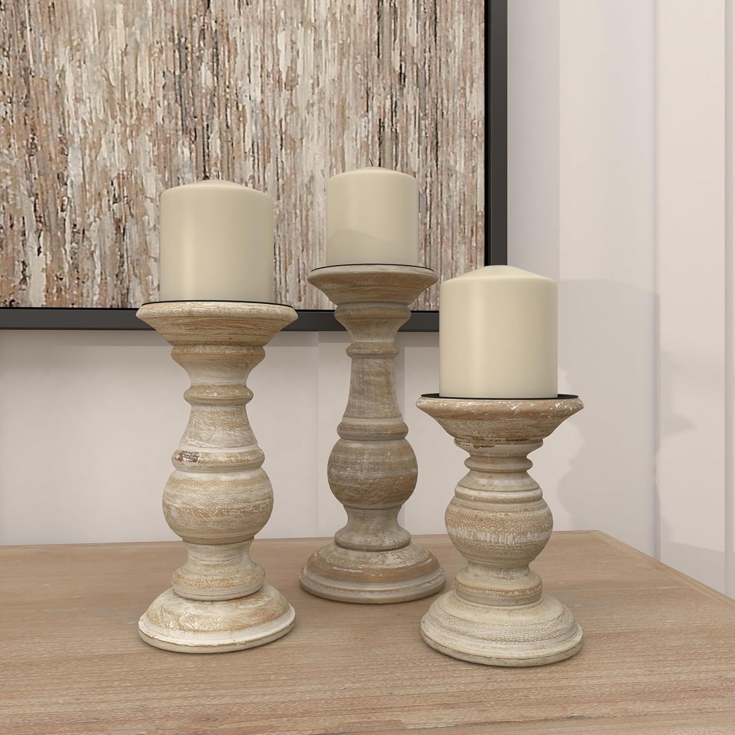 Deco 79 Mango Wood Decorative Candle Holder Distressed Turned Pillar Candle Stand, Set of 3 Candlestick Holder 6", 8", 10"H, Light Blue