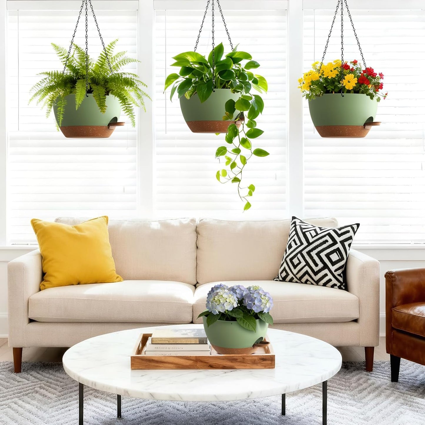 UOUZ Set of 3-10 Inch Self Watering Hanging Planters for Indoor Outdoor，Hanging Plant Pots with Drainage & Removable Tray, Hanging Pots Holder for Ivy, Pothos, Ferns, Balcony & Patio, Black with Brown
