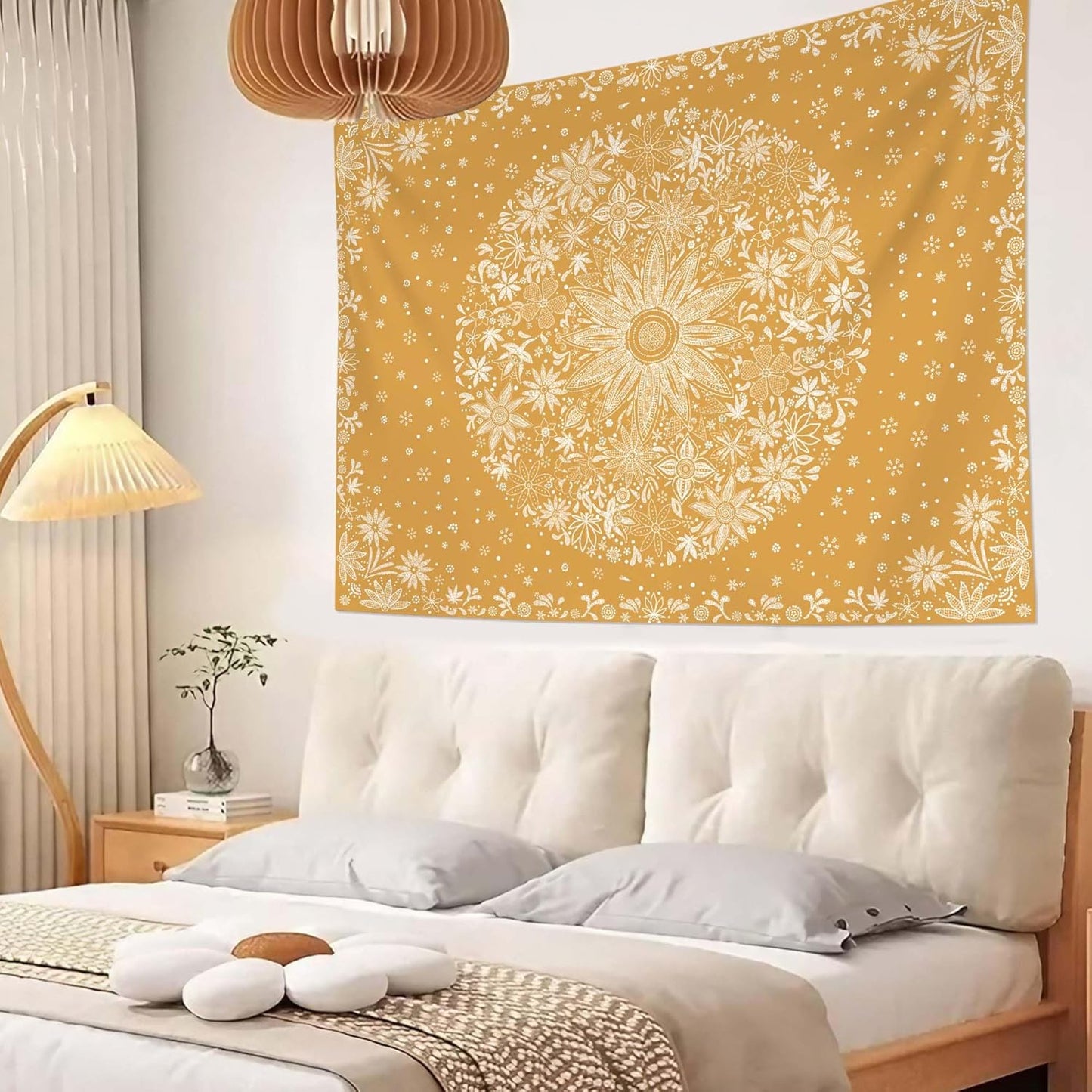 Neasow Bohemian Tapestry Wall Hanging, Beige White Floral Tapestry with Dotted Daisy Medallion Print Bedroom Boho Hippie Home Decor, 36×48 inches