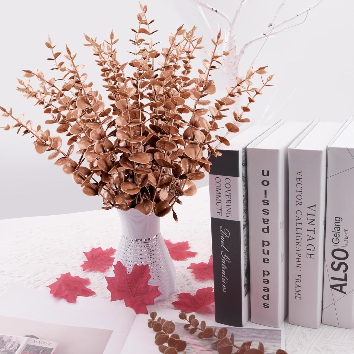 FEQO 36 Pcs Artificial Eucalyptus Stems Dark Brown Leaves Faux Eucalyptus Stems Branches 15 inch for Wedding Bouquet Home Deco