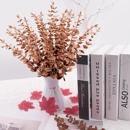 FEQO 36 Pcs Artificial Eucalyptus Stems Dark Brown Leaves Faux Eucalyptus Stems Branches 15 inch for Wedding Bouquet Home Deco