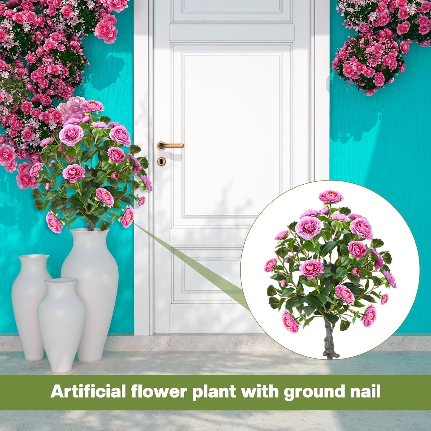 Lunmon 2 Pack 3ft Artificial Camellia Plants Tree 36" Faux Camellia Flower with Spike UV Resistant Realistic Fake Floral Blooming Bush for Indoor Outdoor Front Door Porch Backyard Garden, Purple