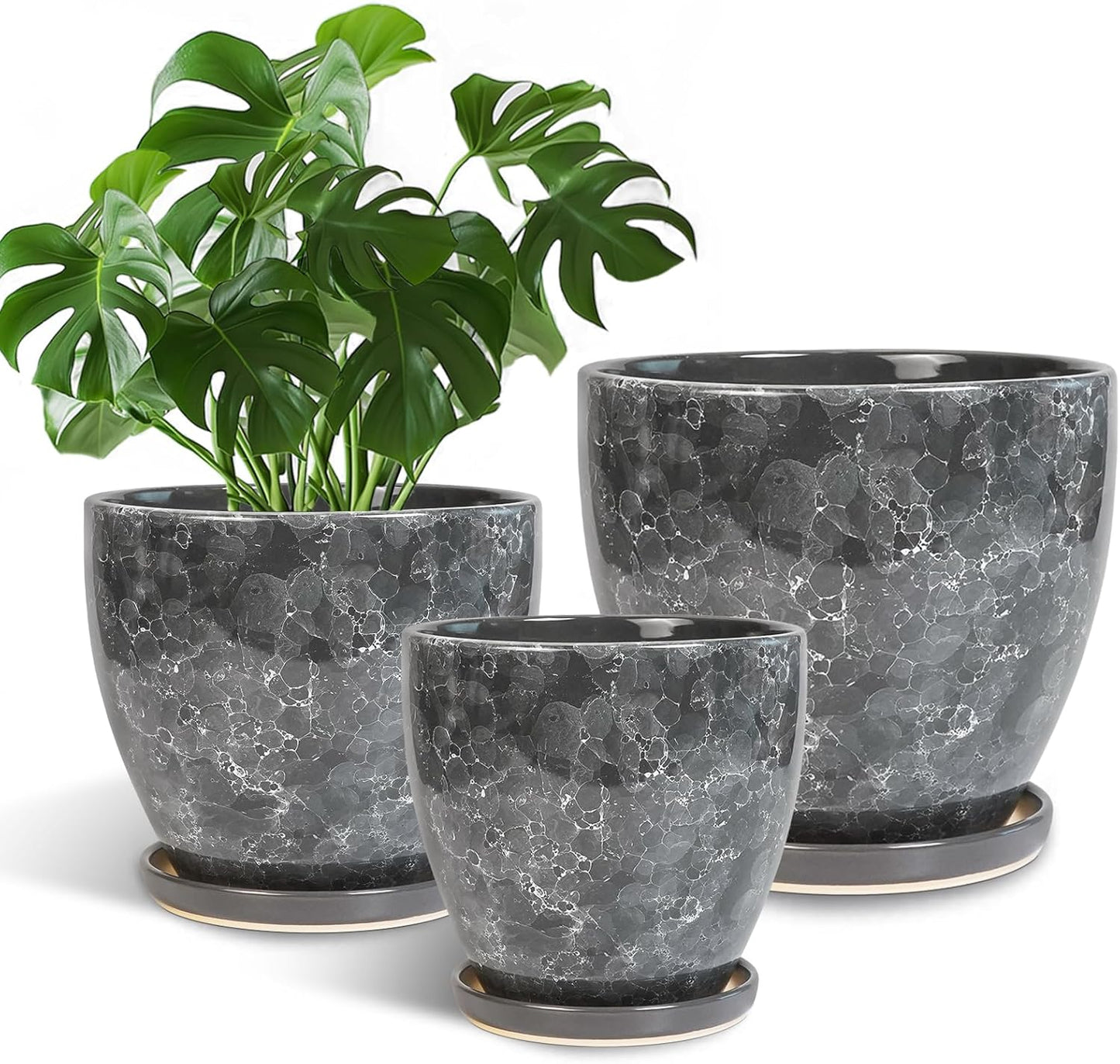 Plant Pots Indoor, Ceramic Planters Pots with Drainage Holes and Saucers, 10+8+6 Inch, Set of 3, Round Large Flower Pots for Indoor Outdoor Plants, Blue
