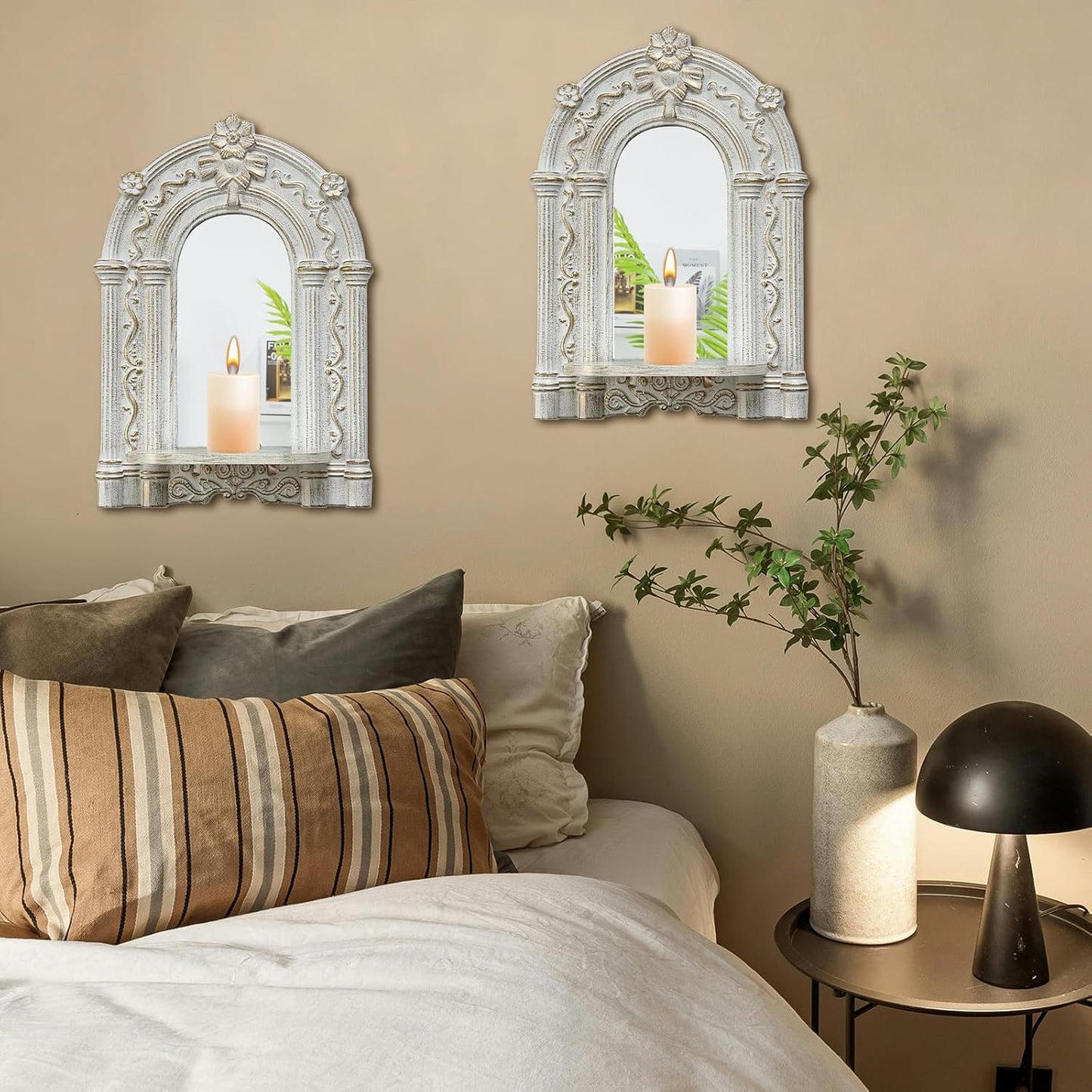 Three-Dimensional Relief Candle Sconces Set 2 Rustic Wall Mount Candle Holders Wood Hanging Wall Decor Mirrored Wall Art Hand Carved Home Decoration Gold