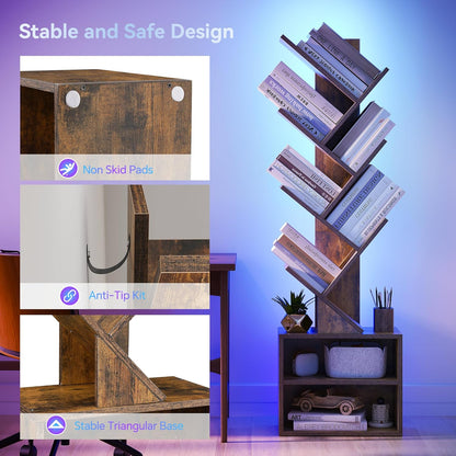 SUNMORY 6 Tier Tree Bookshelf, Small Bookcase with Storage Cabinet, Modern Tall Narrow Bookshelves Organizer, Floor Standing Book Shelf for Bedroom/Living Room/Home Office/Corner, Rustic Brown