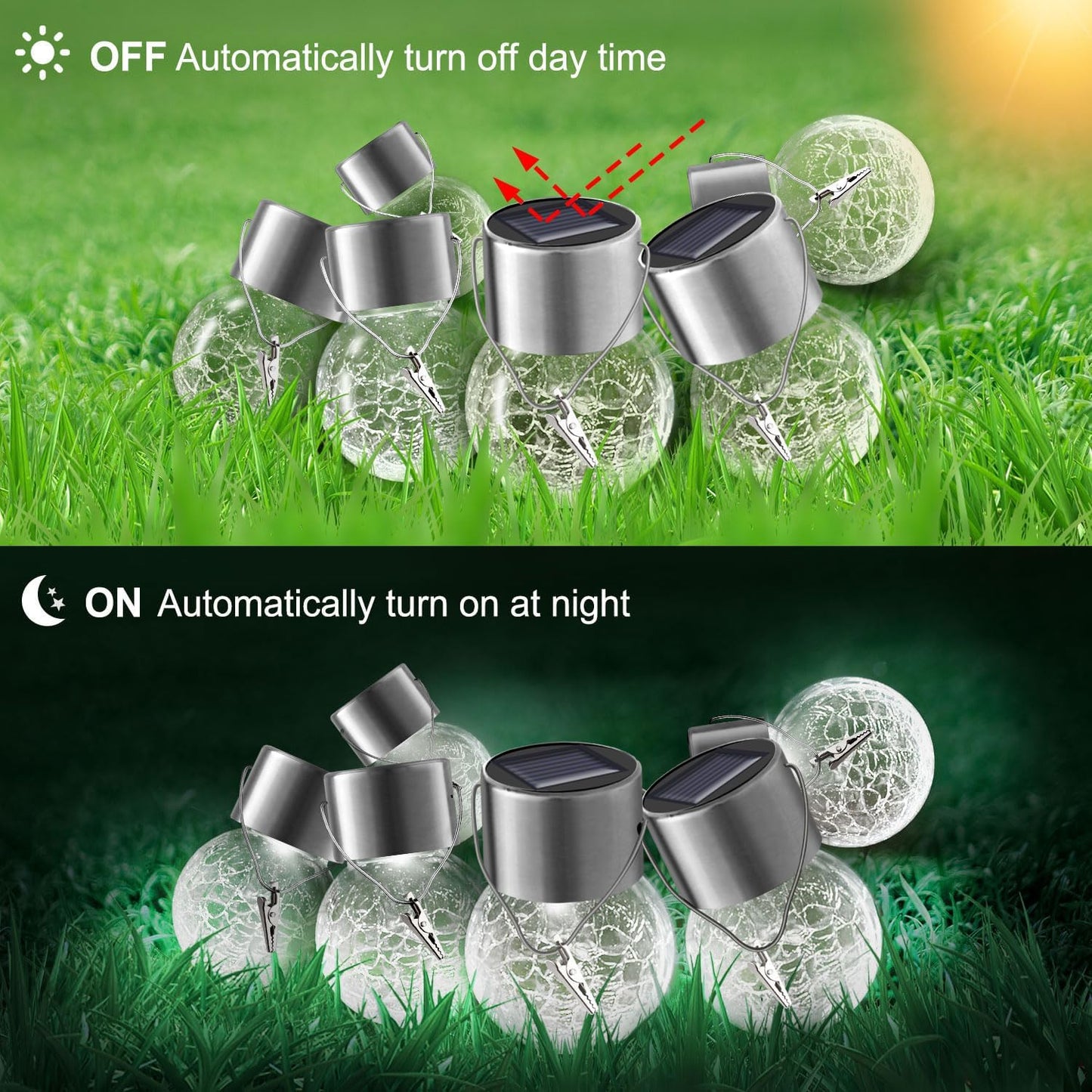 Solar Outdoor Lights Decorative 12 Pack, Hanging Solar Garden Lights Waterproof, Solar Powered Globe Cracked Glass Ball Lantern for Yard Patio Fence Tree Umbrella Holiday Decoration, Warm White