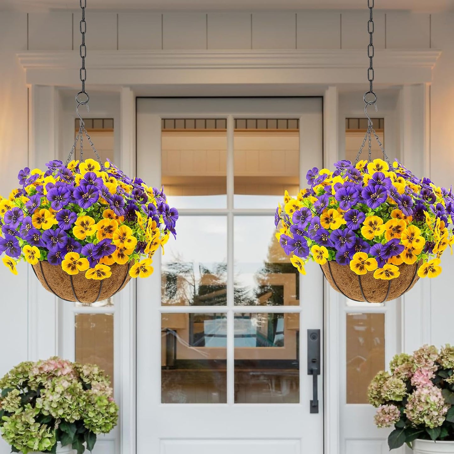 lovemoon 2 Sets Artificial Hanging Pansy Flowers with Baskets, 24 Pcs UV Resistant Faux Silk Pansy Outdoor Hanging Flower for Porch Patio Garden Home Spring Decor (2, White,Yellow,Purple)